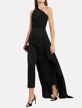 Solace London Black Winnie One Shoulder Pleated Assymetric Overskirt Jumpsuit